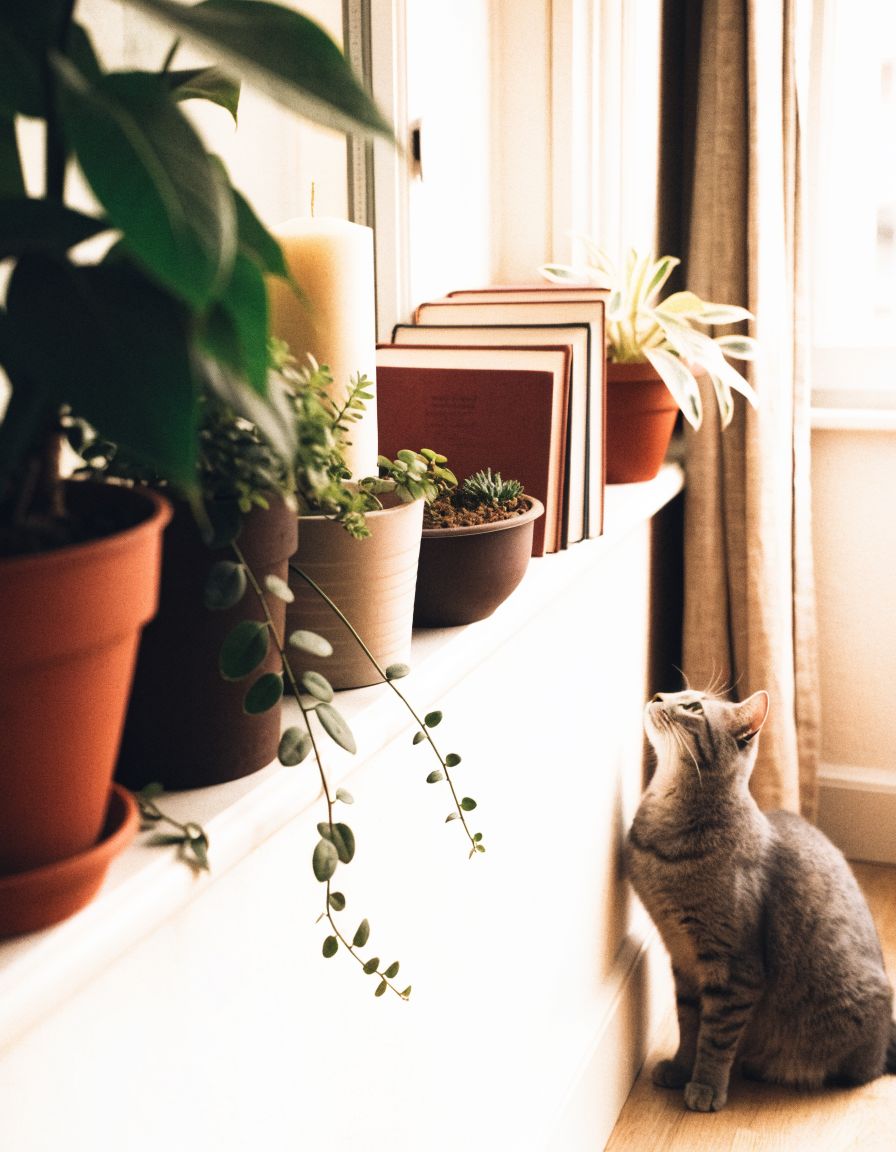 Zugestellte schmale Fensterbank, Katze sitzt davor und schaut hinauf